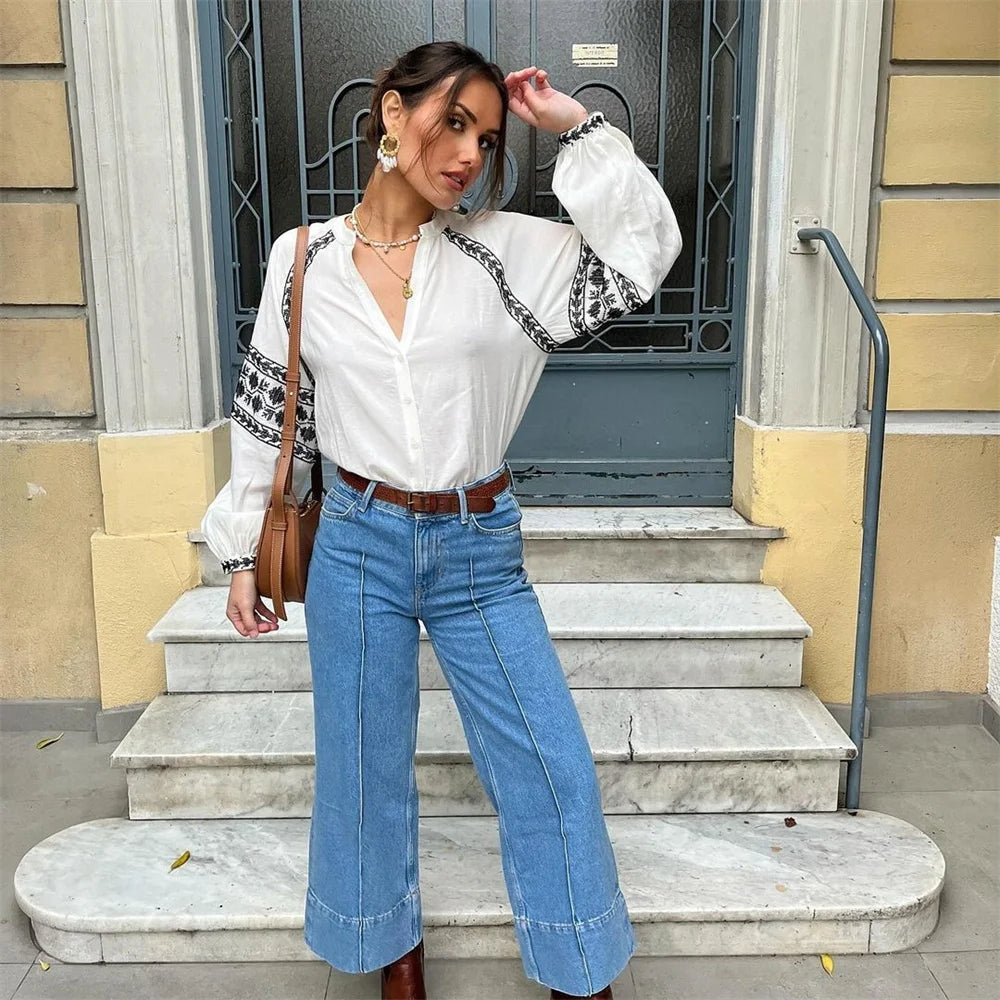 Women's Long-sleeved Resort Style Casual V-neck