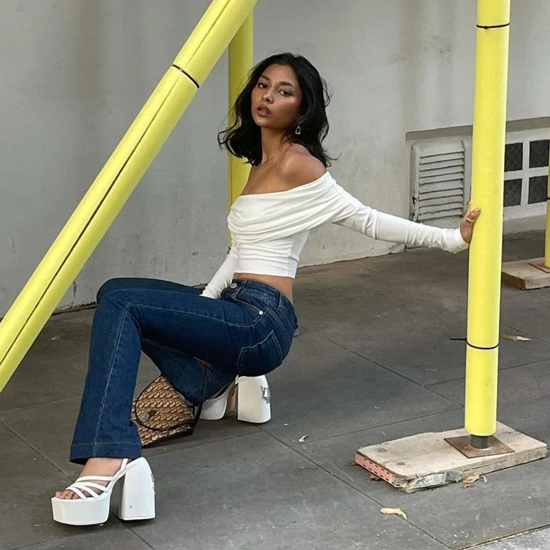 Long Sleeve Off Shoulder Slim Fit Crop Top