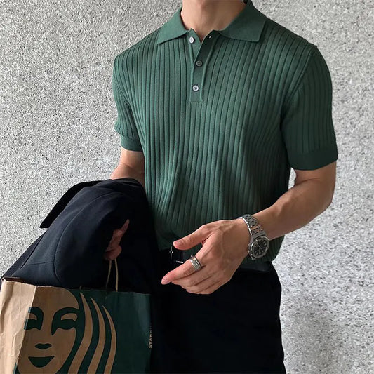 Men's Old Money Knitting Lapel Stripe POLO Shirt